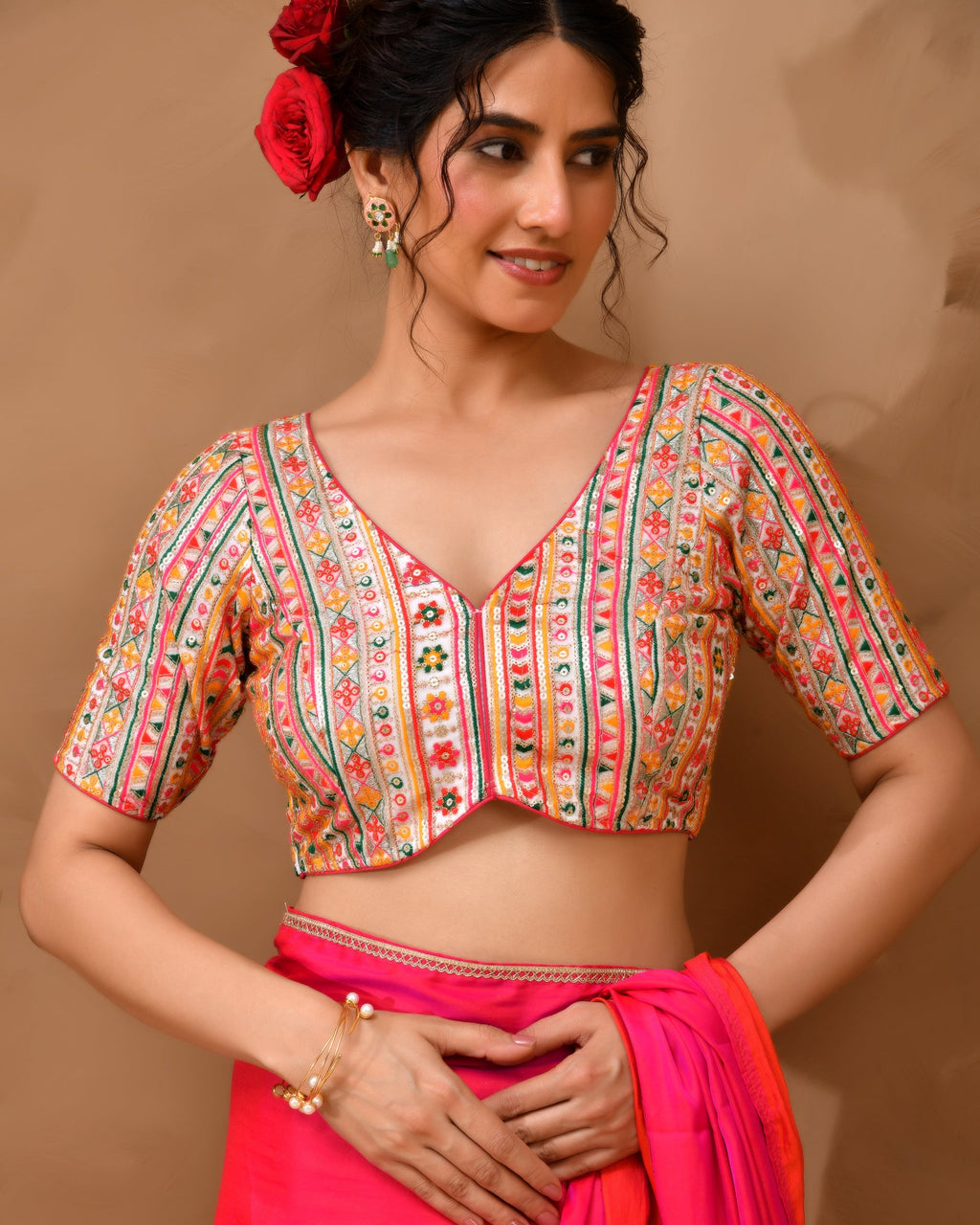 Amodini Designer Studio Women's Multicolored Embroidered Blouse with sleeves | Grocsy