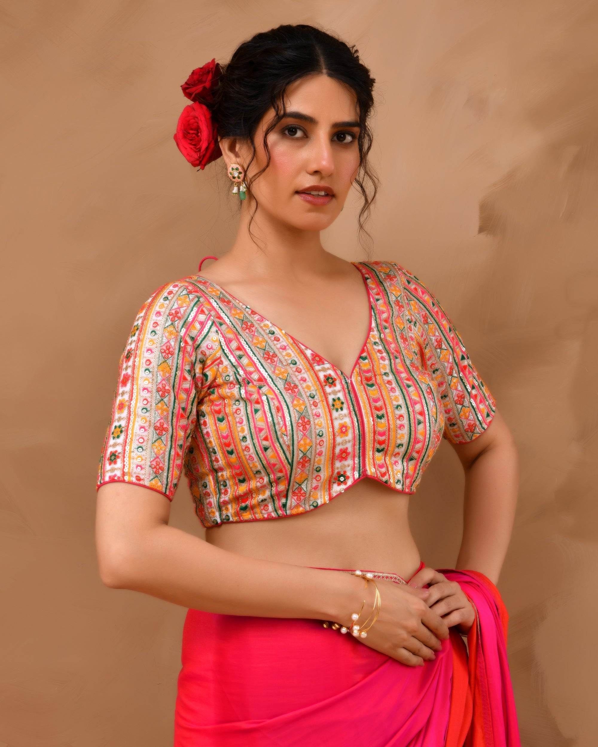 Amodini Designer Studio Women's Multicolored Embroidered Blouse with sleeves | Grocsy