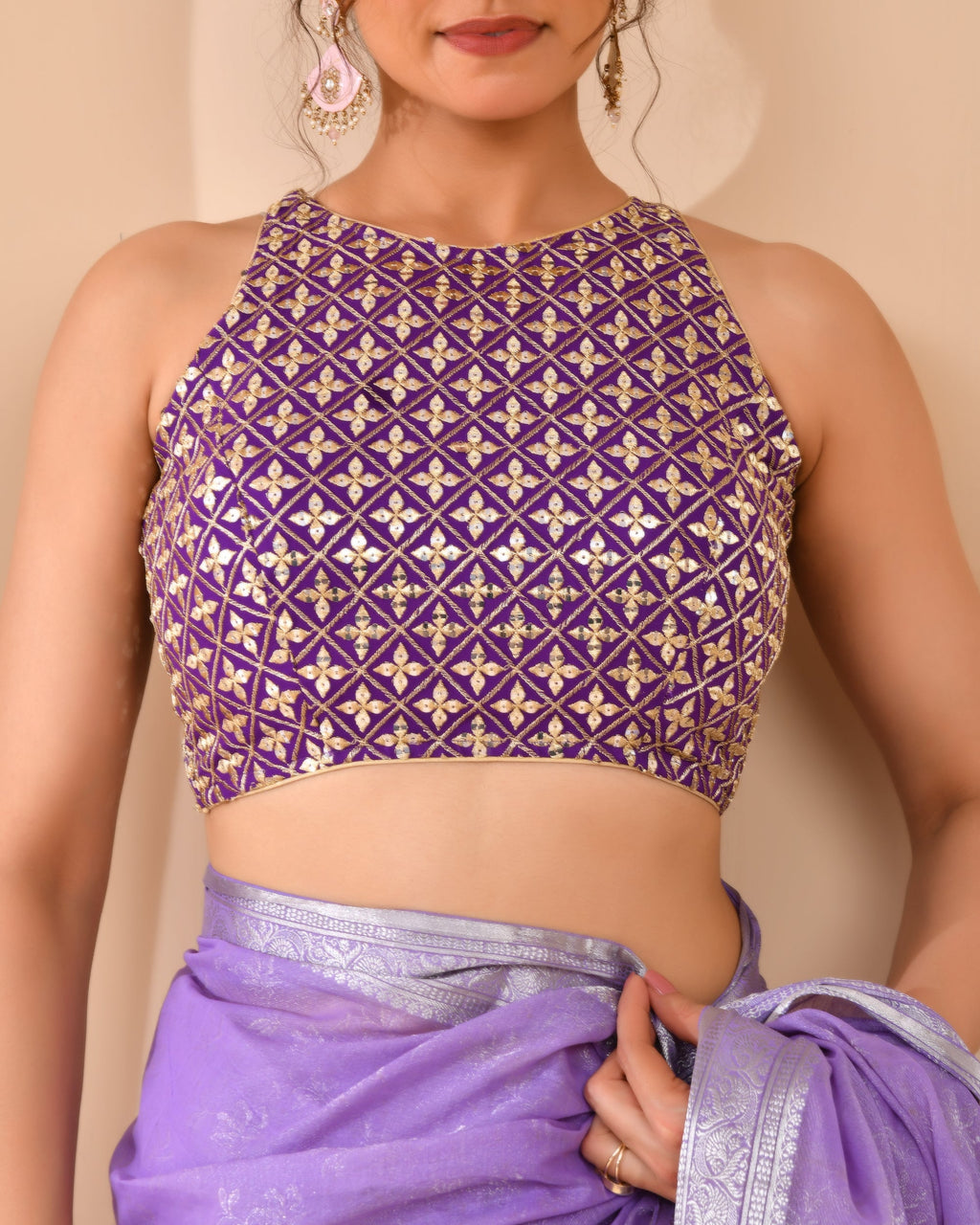 Amodini Designer Studio Women's Mirror Work High Neck Purple Blouse | Grocsy