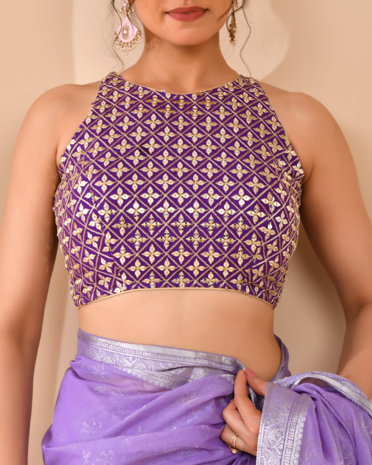 Amodini Designer Studio Women's Mirror Work High Neck Purple Blouse | Grocsy