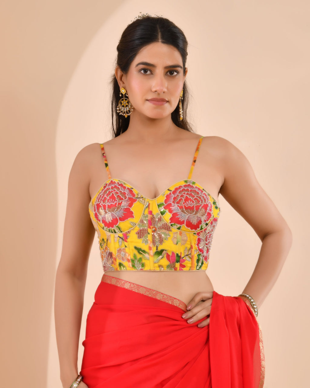 Amodini Designer Studio Women's Organza Floral Handwork Corset Style Yellow Blouse | Grocsy