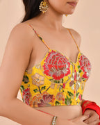 Amodini Designer Studio Women's Organza Floral Handwork Corset Style Yellow Blouse | Grocsy