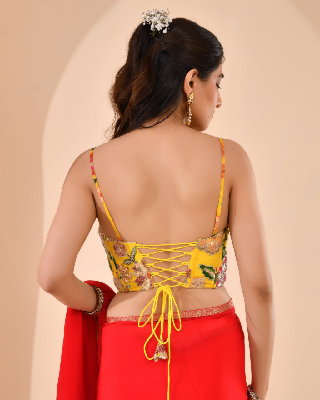 Amodini Designer Studio Women's Organza Floral Handwork Corset Style Yellow Blouse | Grocsy