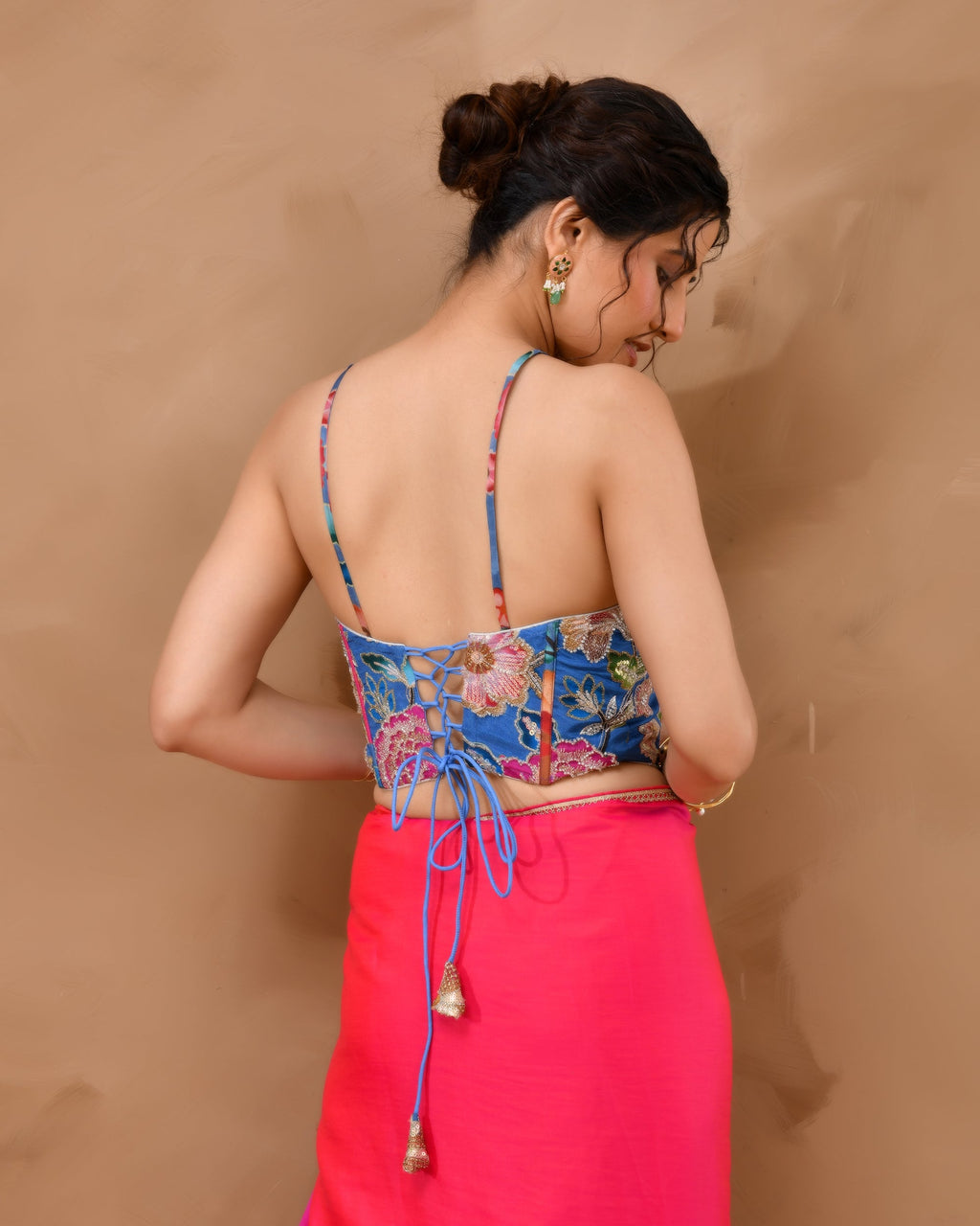 Amodini Designer Studio Women's Organza Floral Handwork Corset Style Blue Blouse | Grocsy