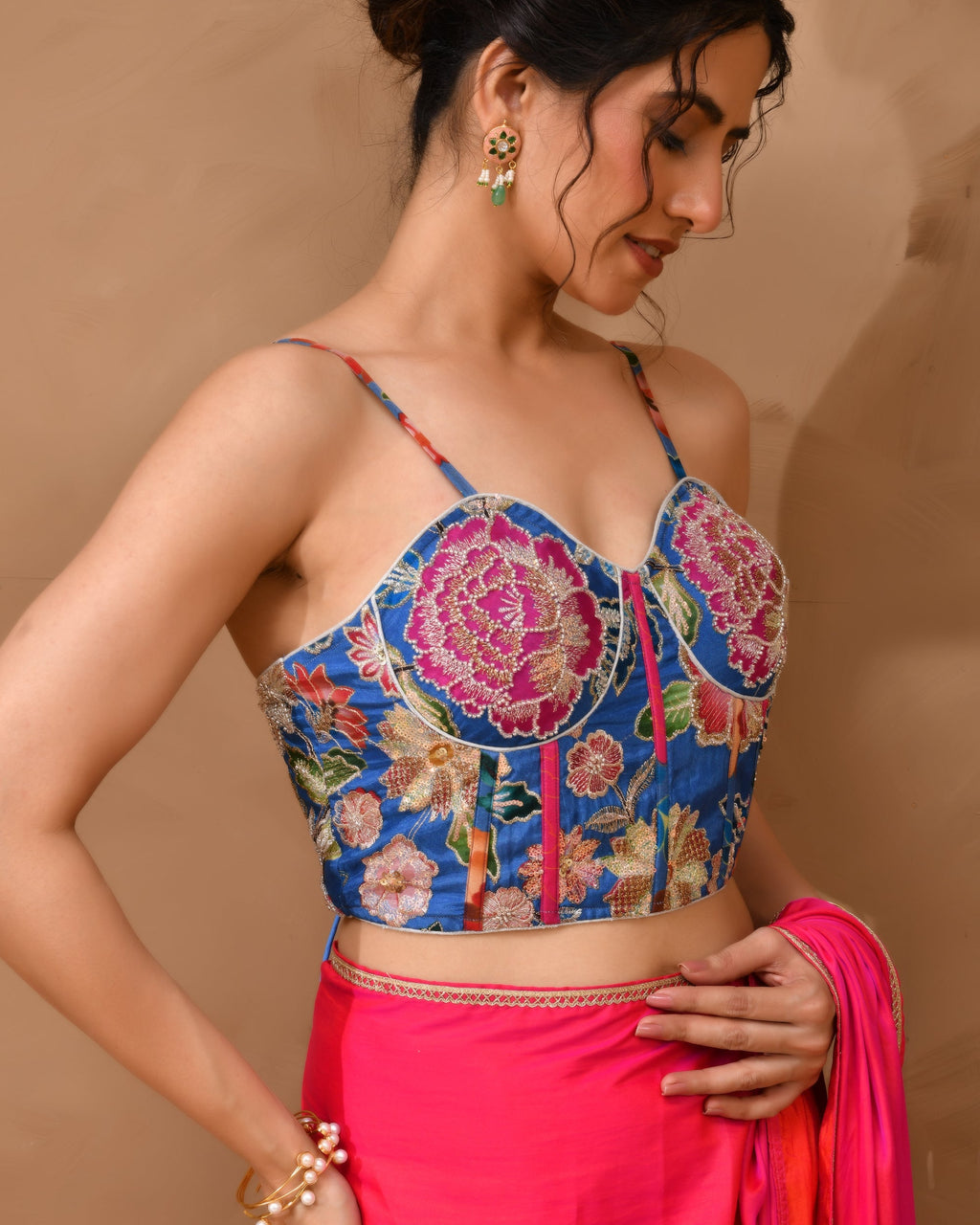 Amodini Designer Studio Women's Organza Floral Handwork Corset Style Blue Blouse | Grocsy