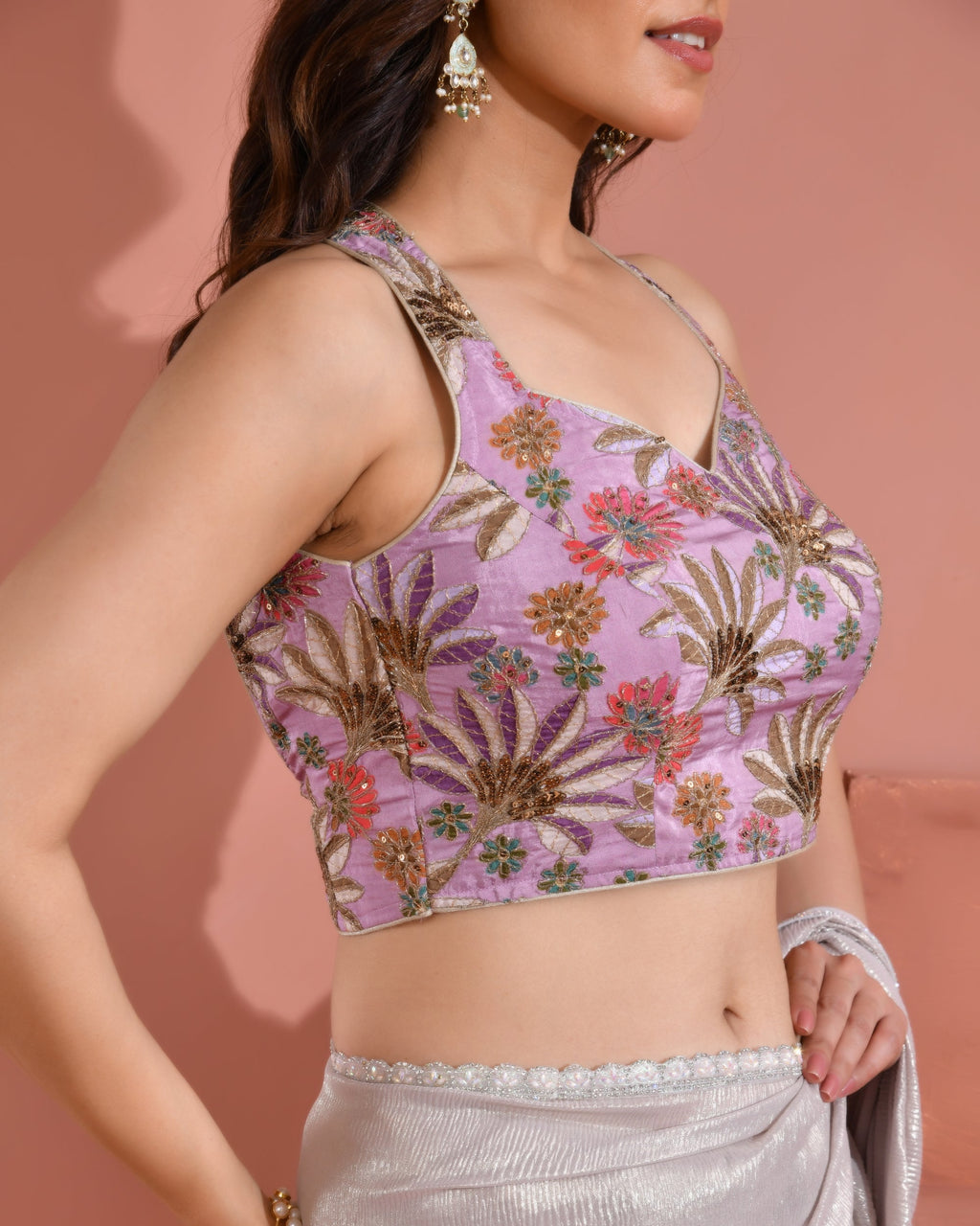 Amodini Designer Studio Women's Position Print Sequined Embellished Halter Neck Lavender Blouse | Grocsy