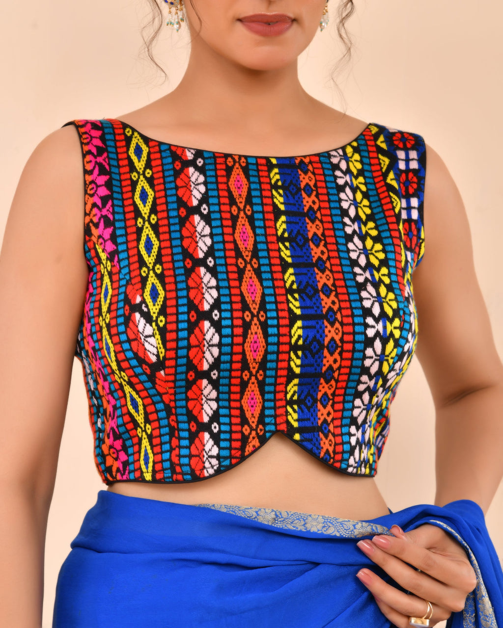 Amodini Designer Studio Women's Black Multicoloured Boat Neck Jacquard Blouse | Grocsy