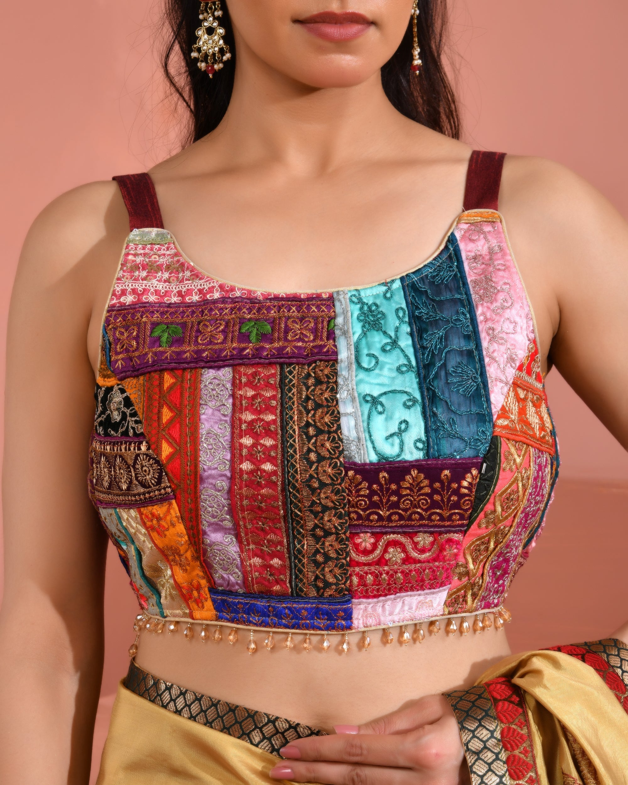 Amodini Designer Studio Women's Multi Colored Patchwork Round Neck Silk Blouse with Lace | Grocsy