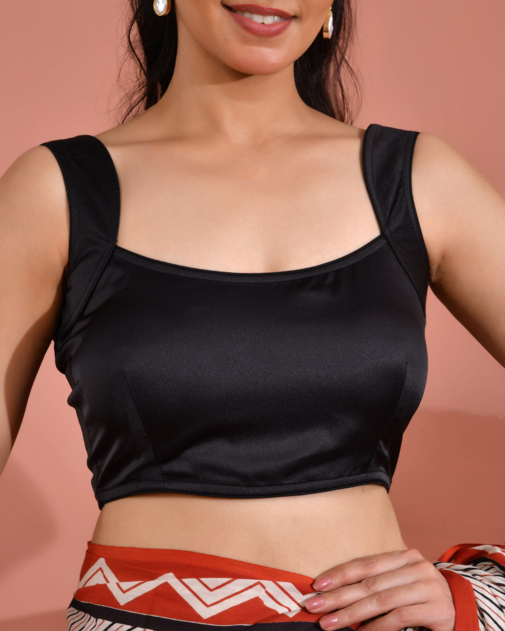 Amodini Designer Studio Women's Round Neck Satin Black Solid Blouse | Grocsy