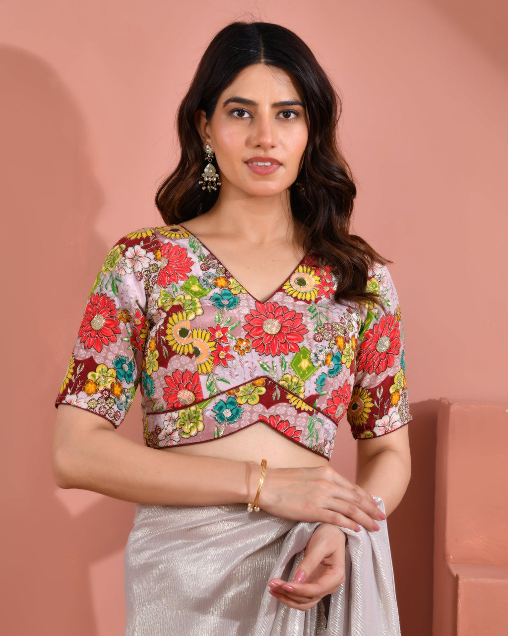 Amodini Designer Studio Women's Mauve Sequin Zara Multicolored Postion Print Blouse with Sleeves | Grocsy