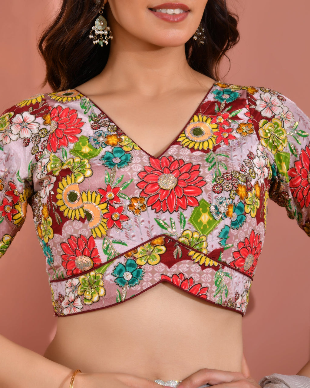 Amodini Designer Studio Women's Mauve Sequin Zara Multicolored Postion Print Blouse with Sleeves | Grocsy