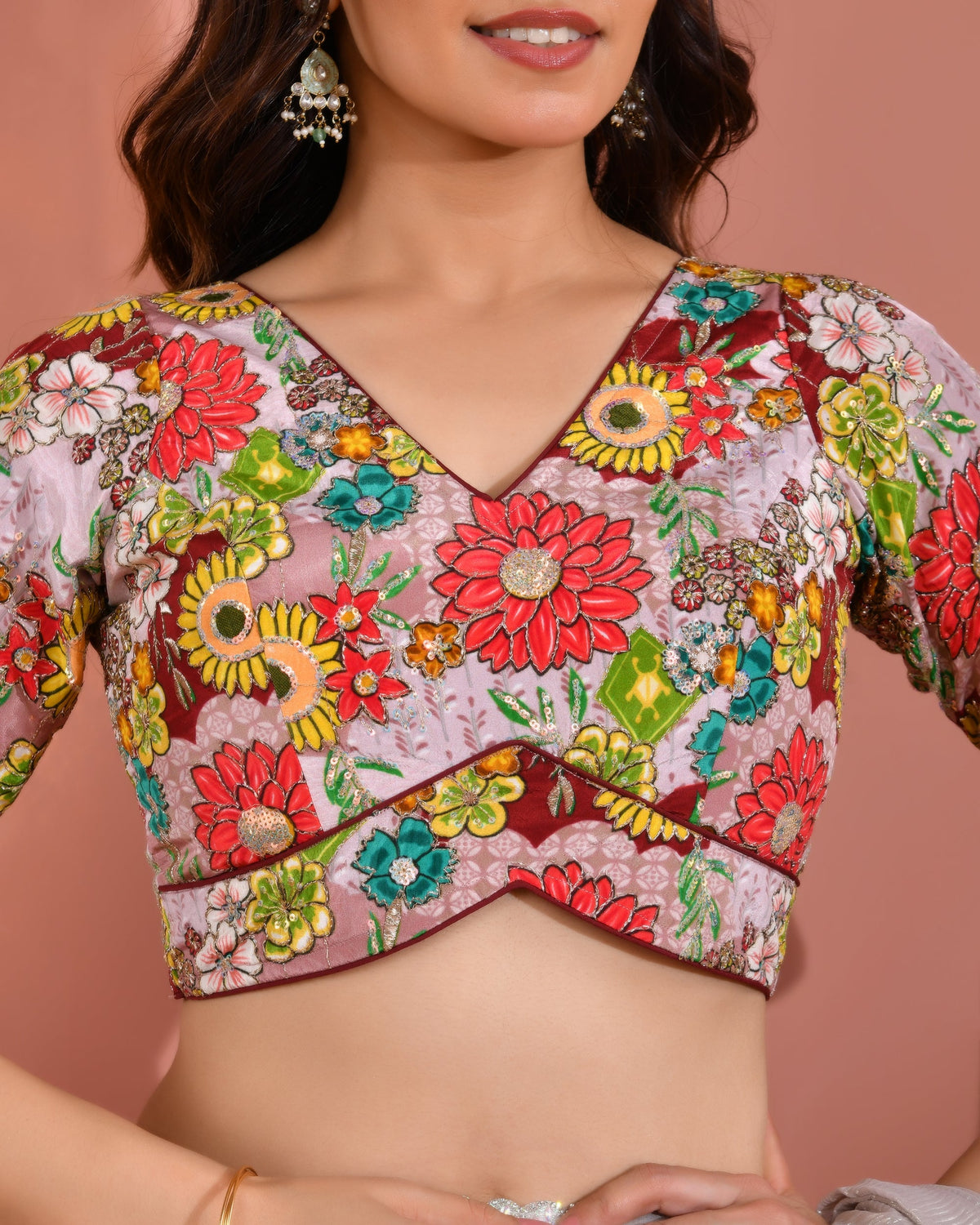Amodini Designer Studio Women's Mauve Sequin Zara Multicolored Postion Print Blouse with Sleeves | Grocsy