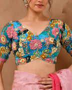 Amodini Designer Studio Women's Blue Sequined Zari Multicolored Postion Print Blouse with Sleeves | Grocsy
