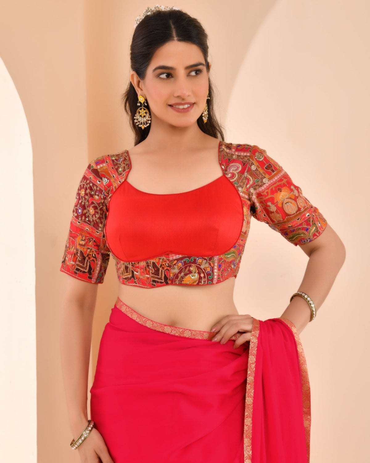 Amodini Designer Studio Women's Madhubala Style Red Blouse With Sleeves | Grocsy