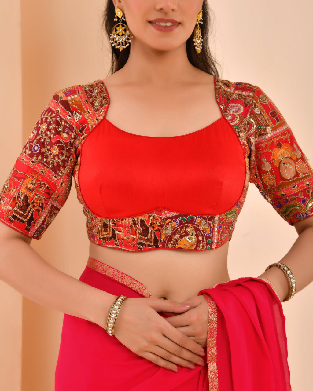 Amodini Designer Studio Women's Madhubala Style Red Blouse With Sleeves | Grocsy