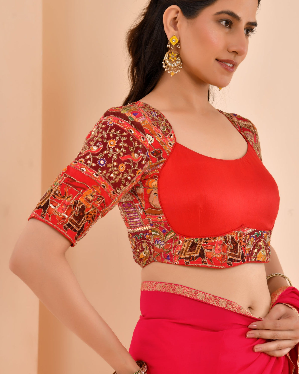 Amodini Designer Studio Women's Madhubala Style Red Blouse With Sleeves | Grocsy