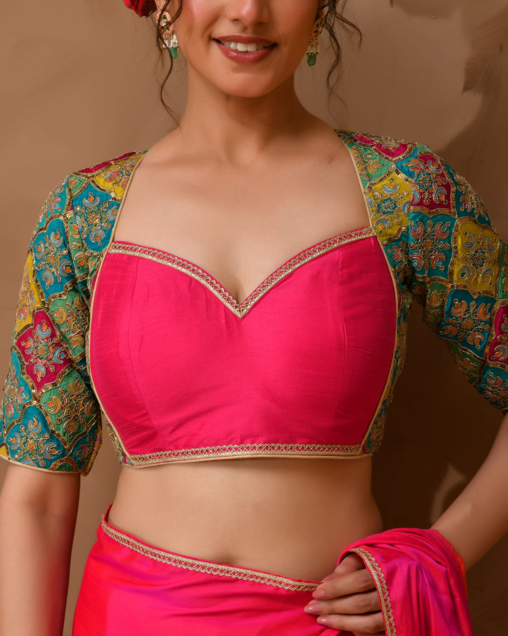 Amodini Designer Studio Women's Madhubala Style Pink Blouse With Sleeves | Grocsy
