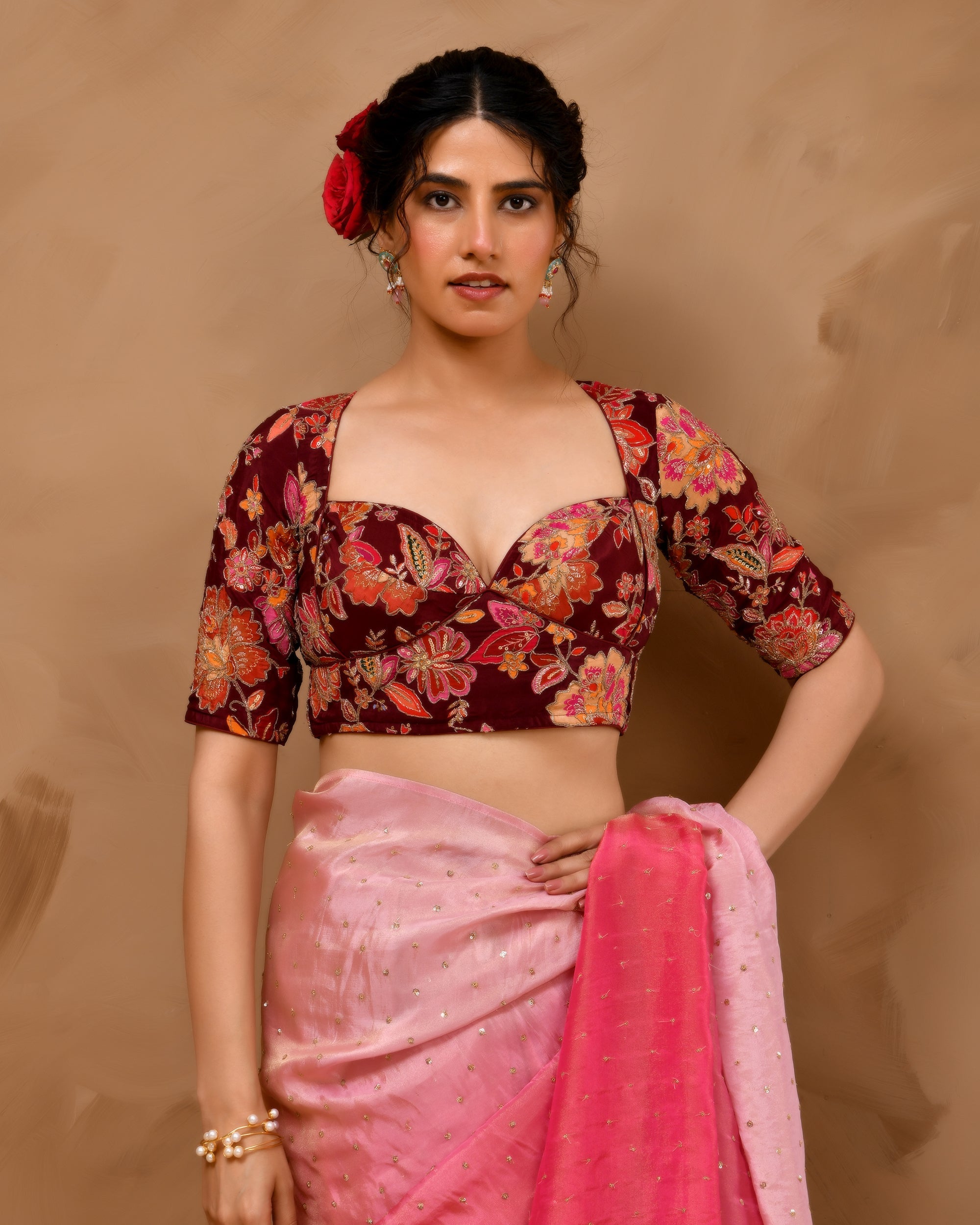 Amodini Designer Studio Women's Deep Sweetheart Neck Embroidery Burgundy Blouse With Sleeves | Grocsy