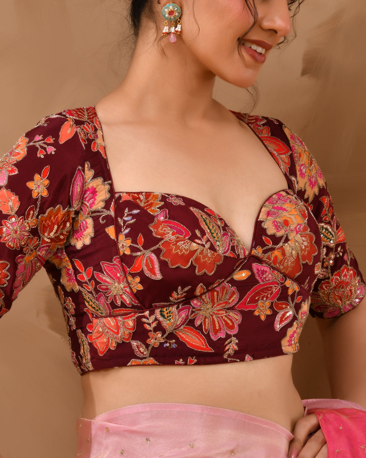 Amodini Designer Studio Women's Deep Sweetheart Neck Embroidery Burgundy Blouse With Sleeves | Grocsy