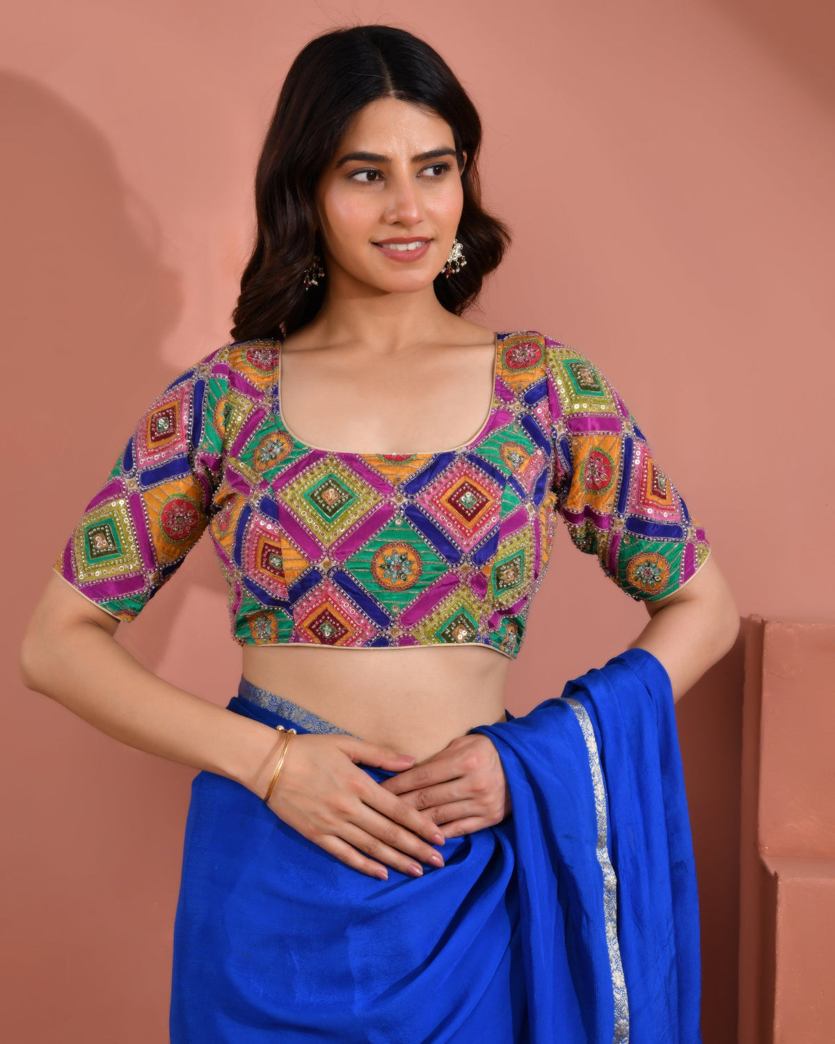 Amodini Designer Studio Women's Multicolor Geometric Pattern Cut Dana Embroidered Blouse | Grocsy