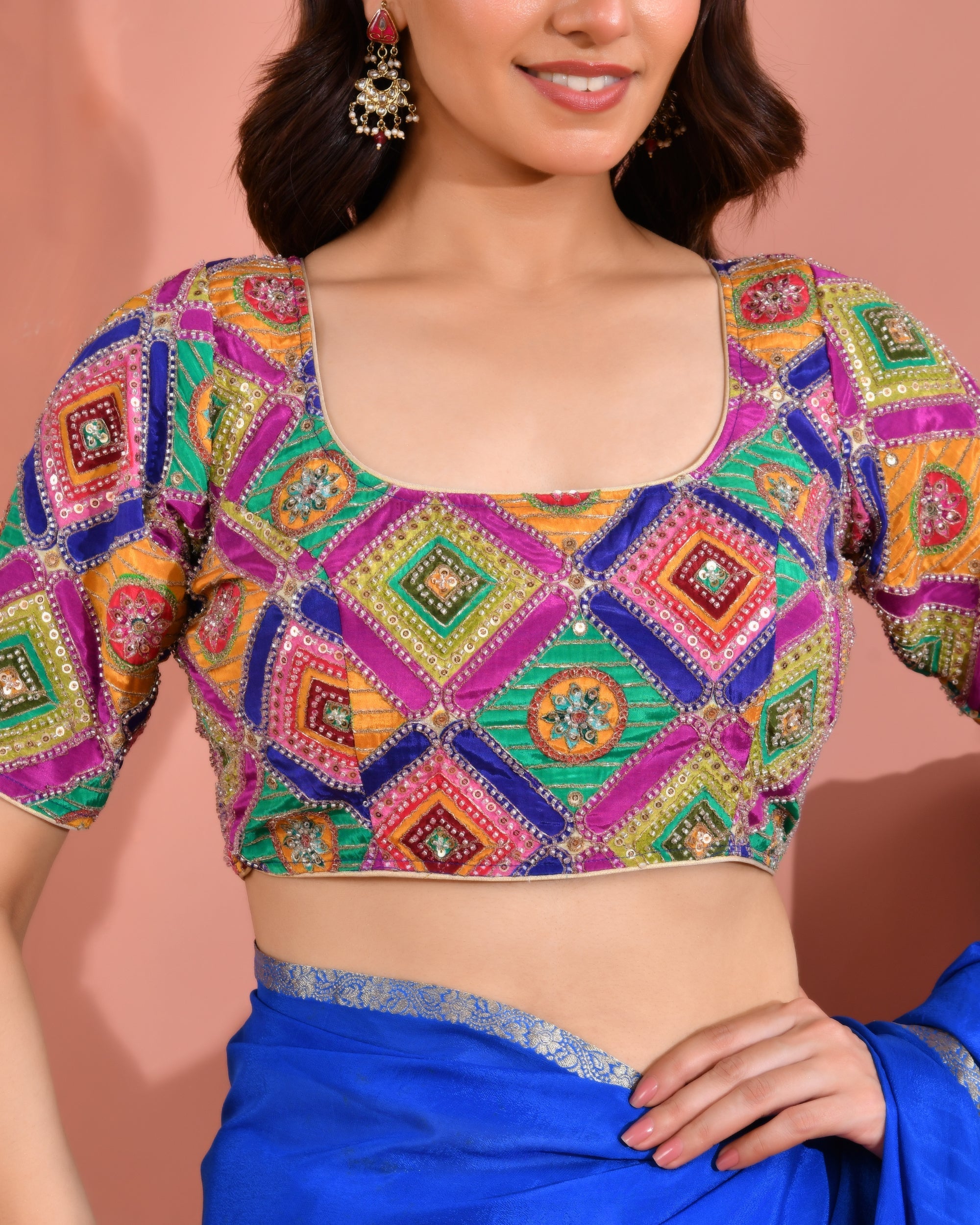 Amodini Designer Studio Women's Multicolor Geometric Pattern Cut Dana Embroidered Blouse | Grocsy