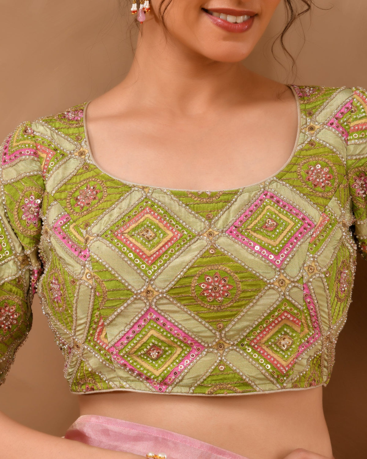 Amodini Designer Studio Women's Green Geometric Pattern Cut Dana Embroidered Blouse | Grocsy