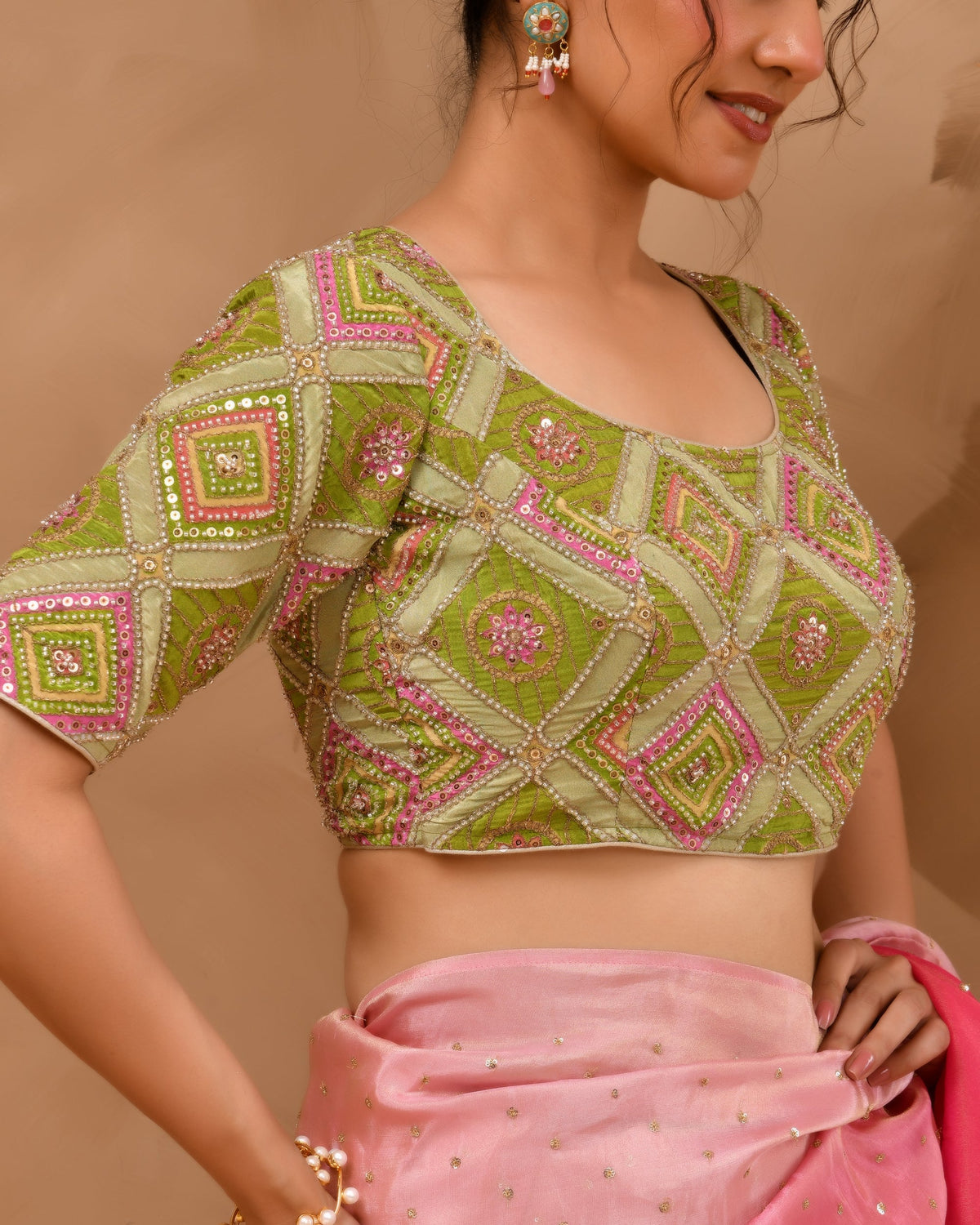 Amodini Designer Studio Women's Green Geometric Pattern Cut Dana Embroidered Blouse | Grocsy