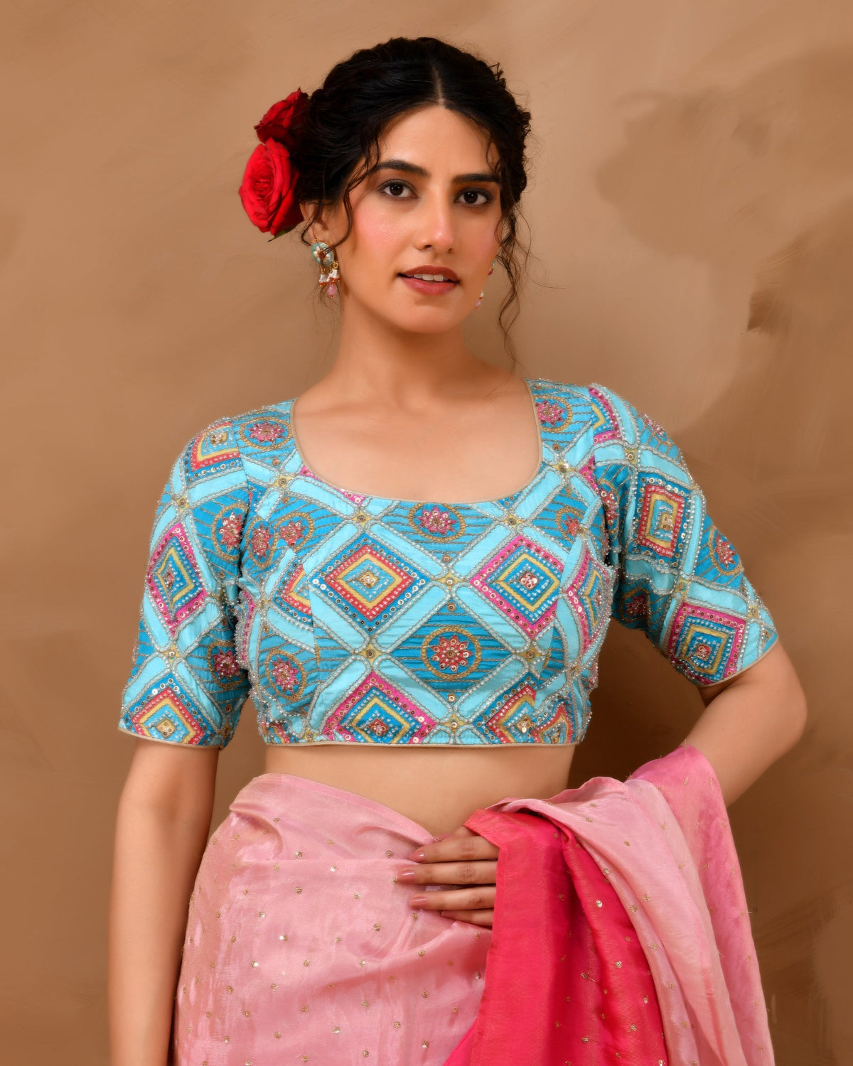 Amodini Designer Studio Women's Sky Blue Geometric Pattern Cut Dana Embroidered Blouse | Grocsy