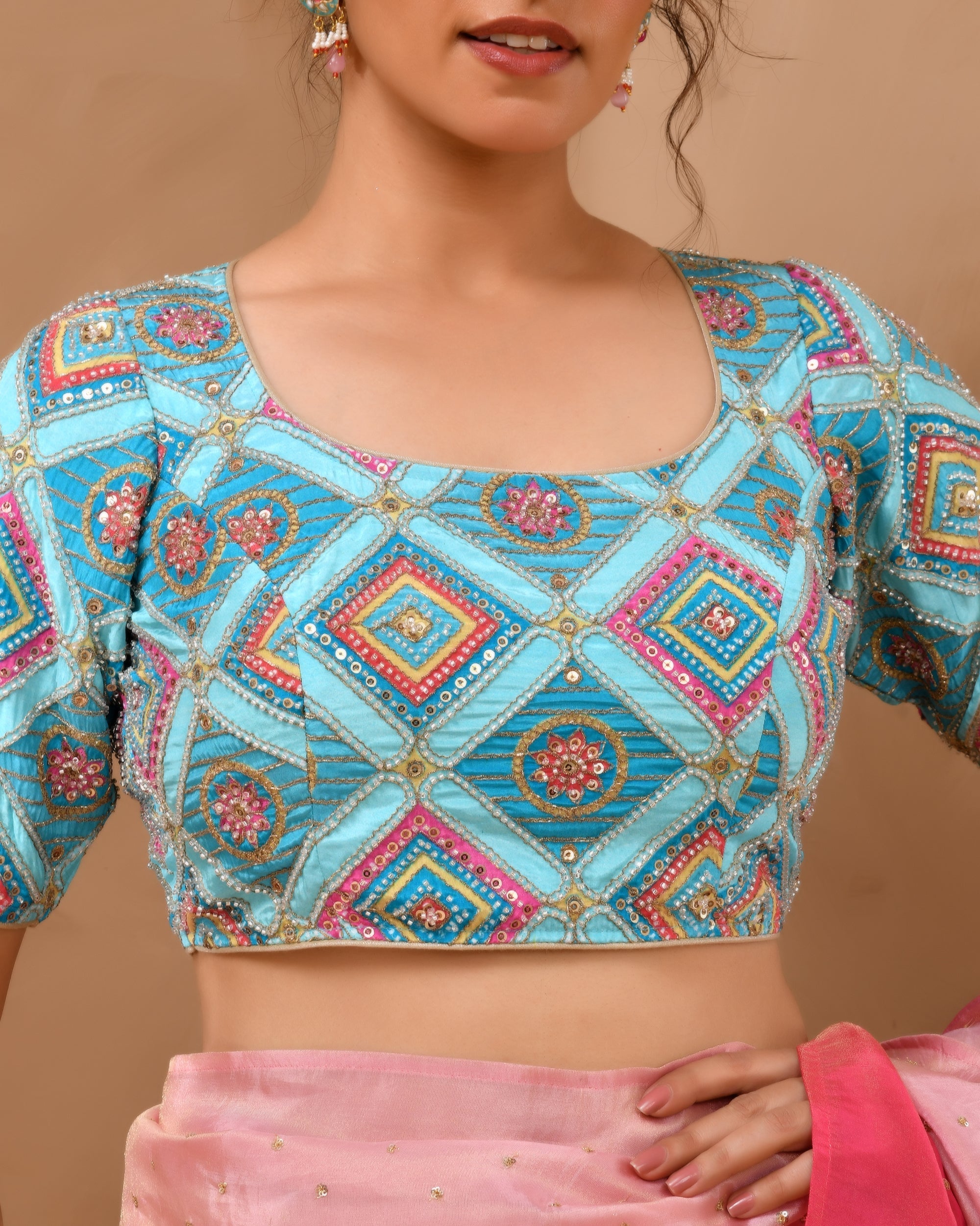 Amodini Designer Studio Women's Sky Blue Geometric Pattern Cut Dana Embroidered Blouse | Grocsy