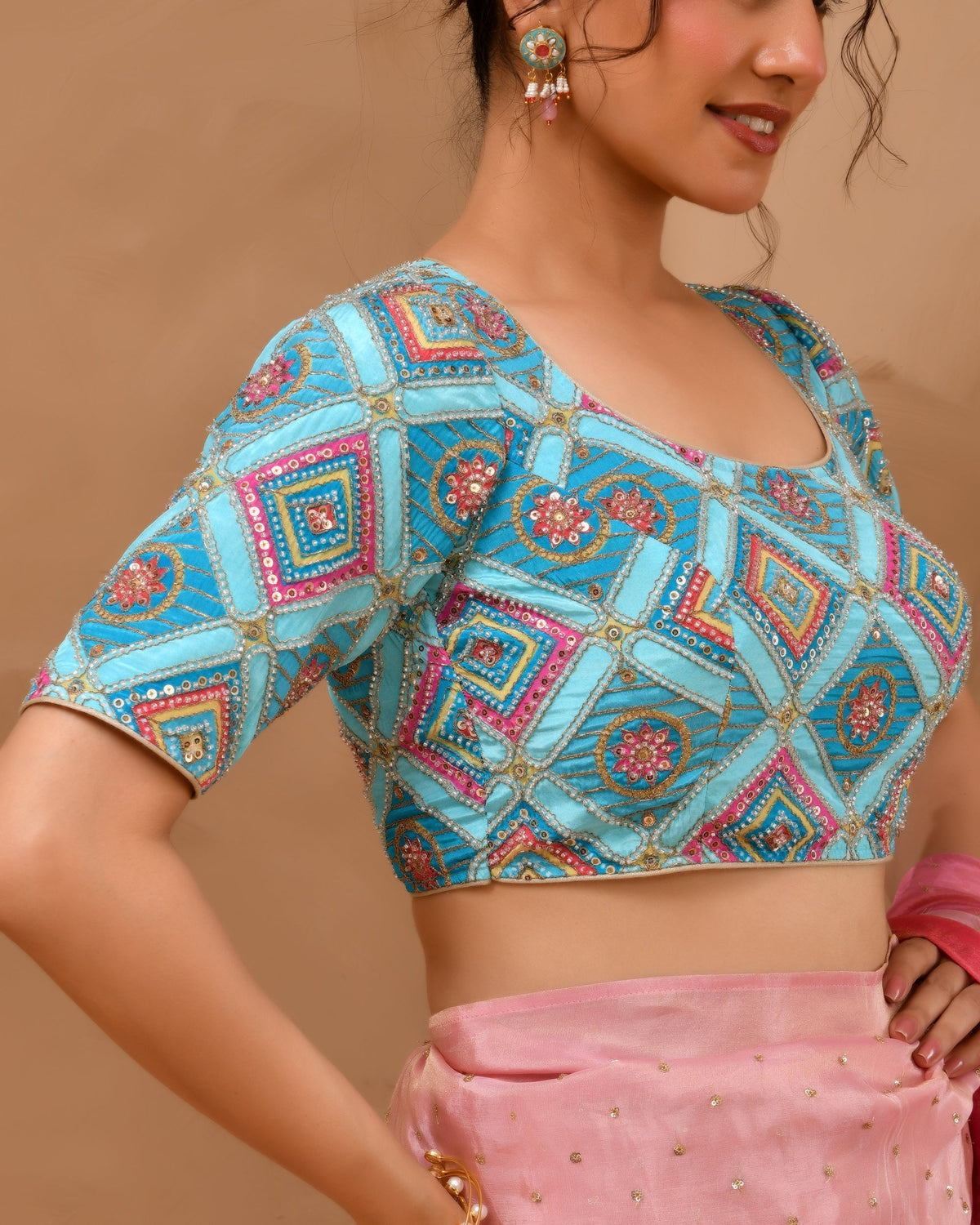 Amodini Designer Studio Women's Sky Blue Geometric Pattern Cut Dana Embroidered Blouse | Grocsy