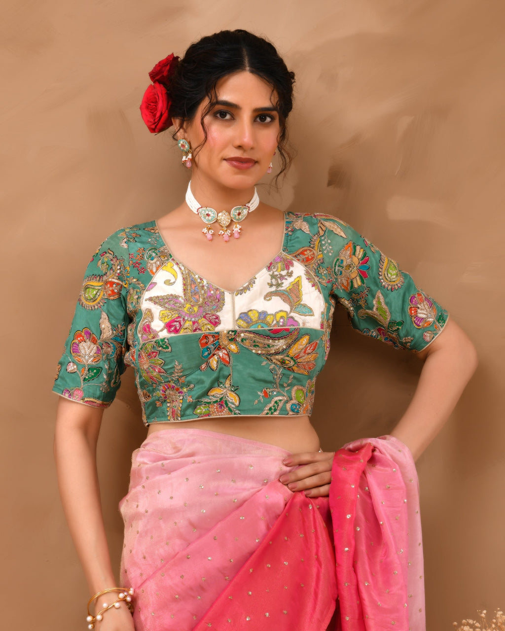 Amodini Designer Studio Women's Green Pure Crepe Position Print Aangi Style Blouse | Grocsy