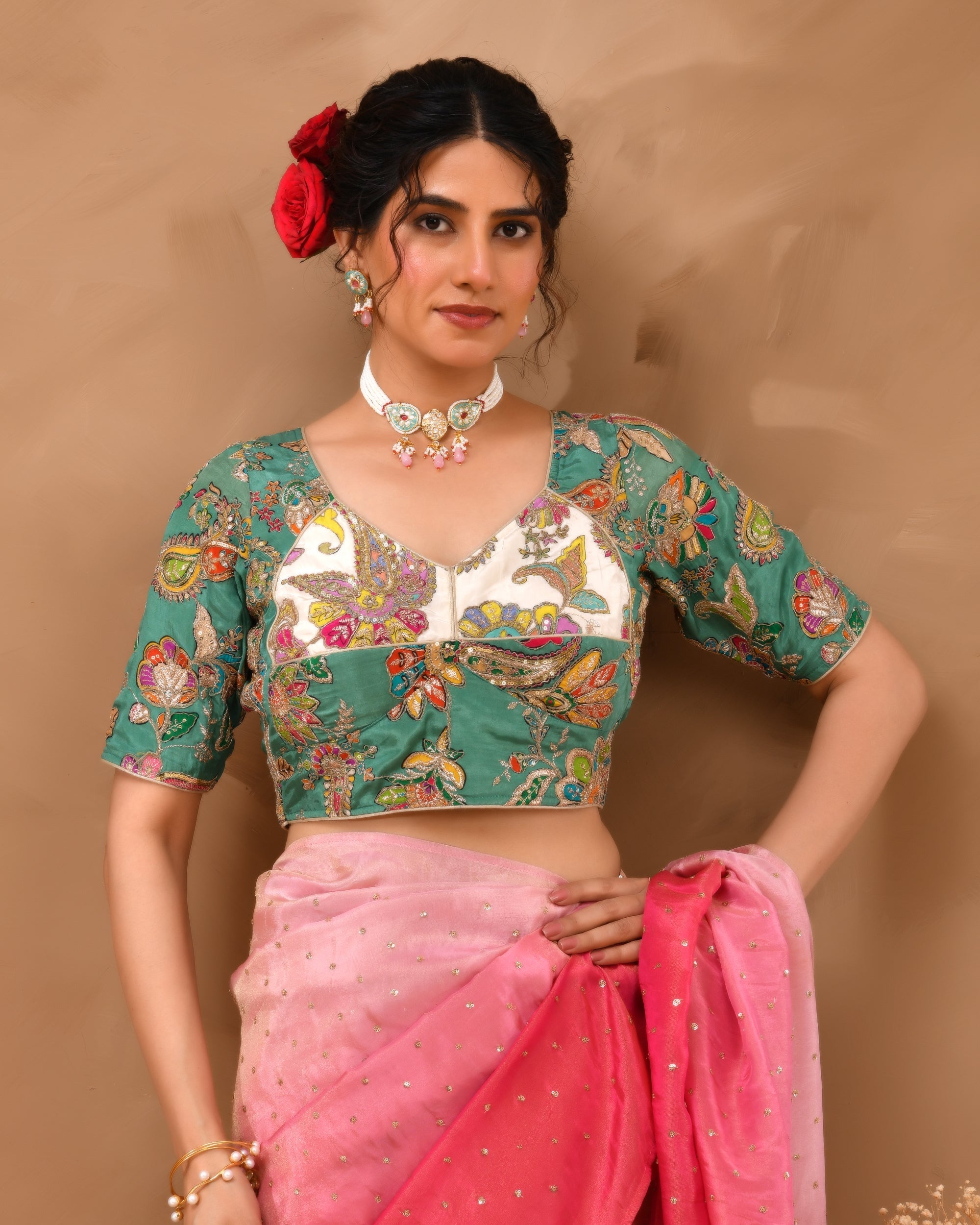 Amodini Designer Studio Women's Green Pure Crepe Position Print Aangi Style Blouse | Grocsy