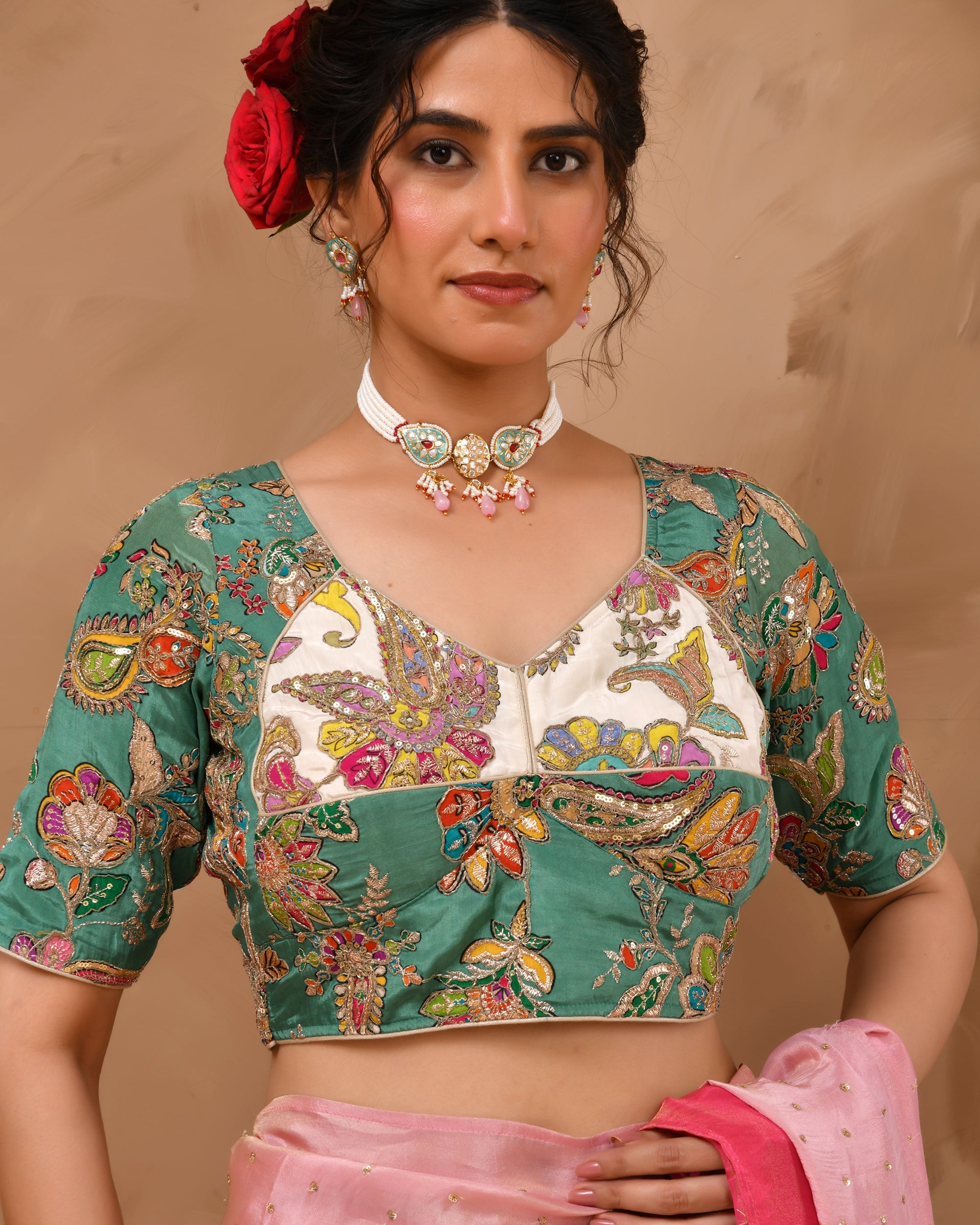 Amodini Designer Studio Women's Green Pure Crepe Position Print Aangi Style Blouse | Grocsy