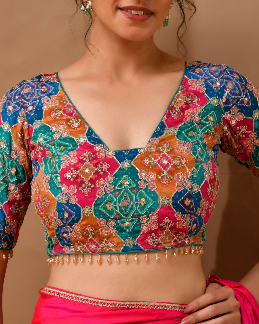 Amodini Designer Studio Women's Multicolored Zari Embroidered Glass Neck Blouse With Sleeves | Grocsy