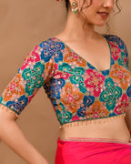 Amodini Designer Studio Women's Multicolored Zari Embroidered Glass Neck Blouse With Sleeves | Grocsy