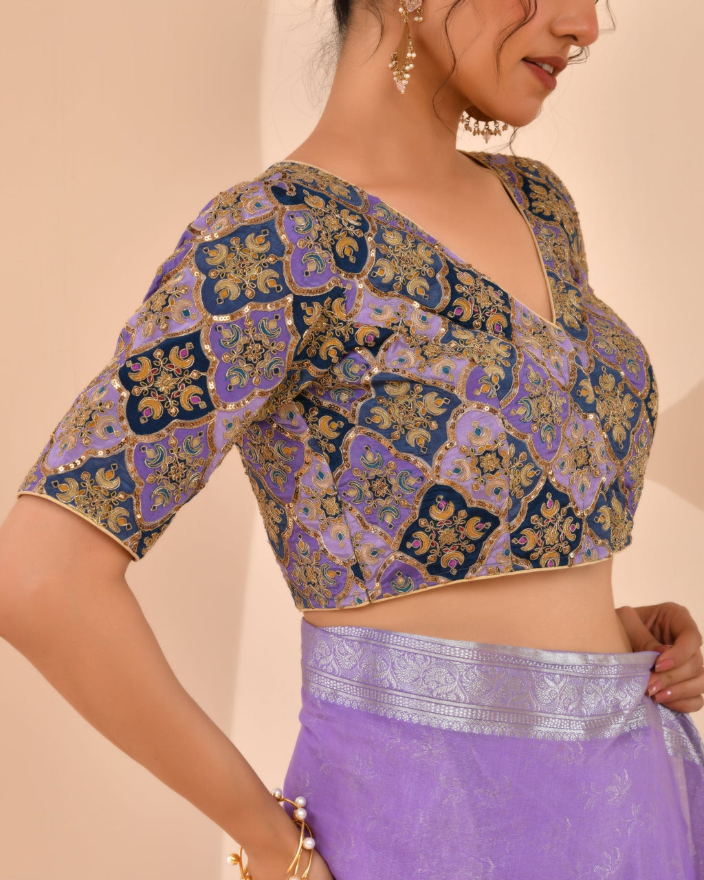 Amodini Designer Studio Women's Purple Geometric Pattern Embroidered Blouse | Grocsy