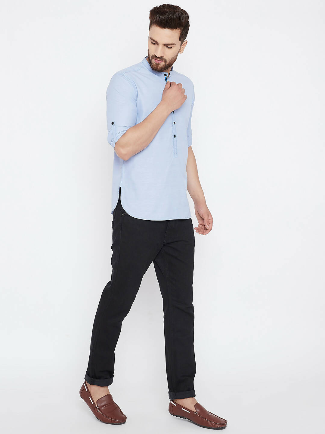 Even Apparels Blue Pure Cotton With Band Collar Men's Kurta | Grocsy