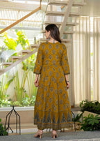 Jaimini Women Cotton Printed Round Neck 3/4 Sleeves Calf Length Flared Kurta Pant And Dupatta Set | Grocsy