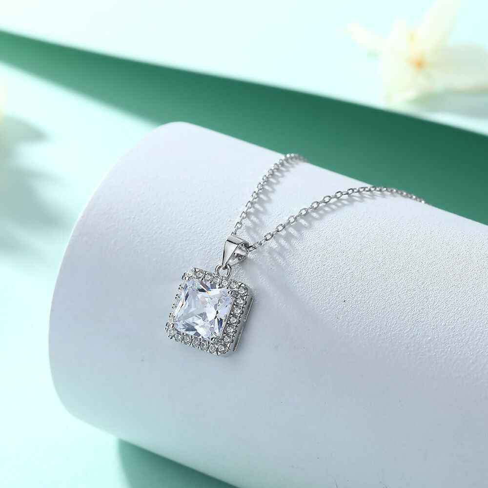 Cauer Radiant Moissanite Pendant Necklace in 925 Sterling Silver, White Gold Plated | Grocsy