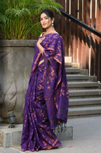 Beatitude Purple Cotton Floral Jamdani Saree | Grocsy