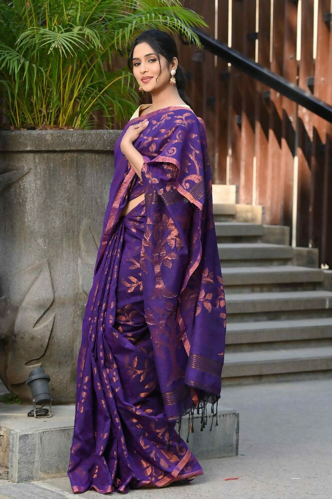 Beatitude Purple Cotton Floral Jamdani Saree | Grocsy