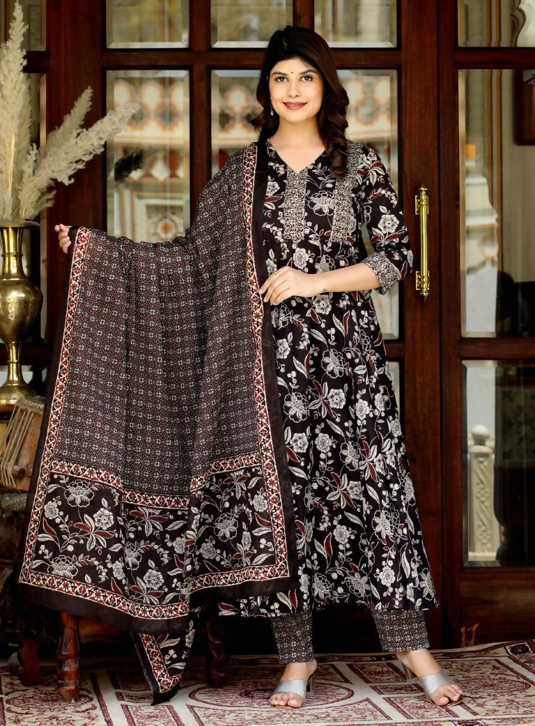 Miravan Women's Embroidered Multi Colour Anarkali Kurta With Palazzo And Dupatta | Grocsy