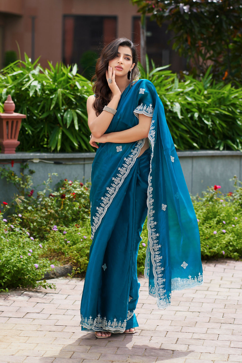 Vastranavya Teal Embroidery Work Shimmer Chiffon Saree with Unstitched Blouse | Grocsy
