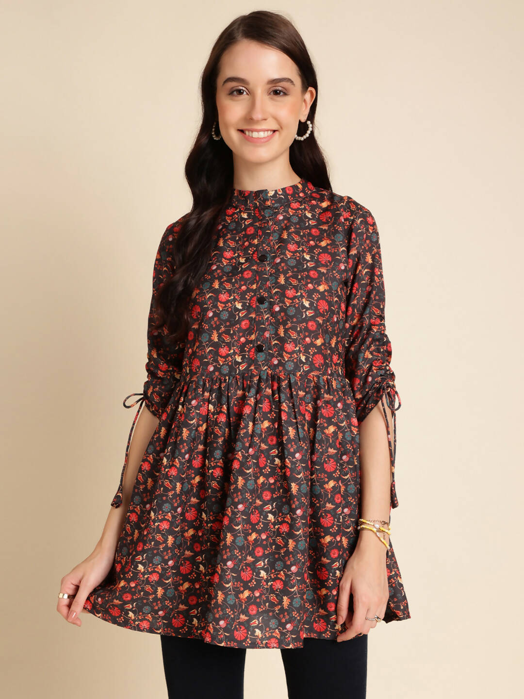 Black Poly Rayon Digital Printed A-line Top - Tarini | Grocsy