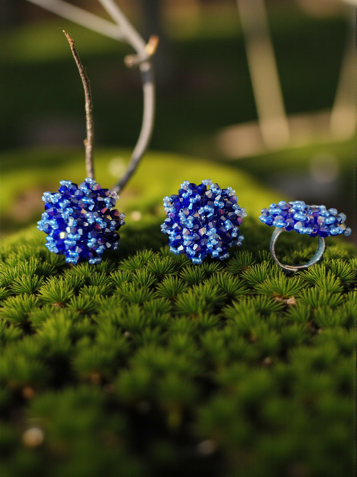Inhanns Rangmani Crystal Duo – Adjustable Ring + Statement Earrings Set - Blue | Grocsy