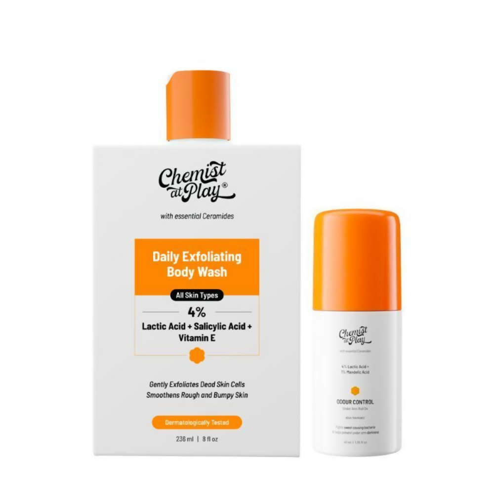 Chemist At Play Lactic Acid Exfoliating Body Wash & AHA Underarm Roll-On Combo | Grocsy