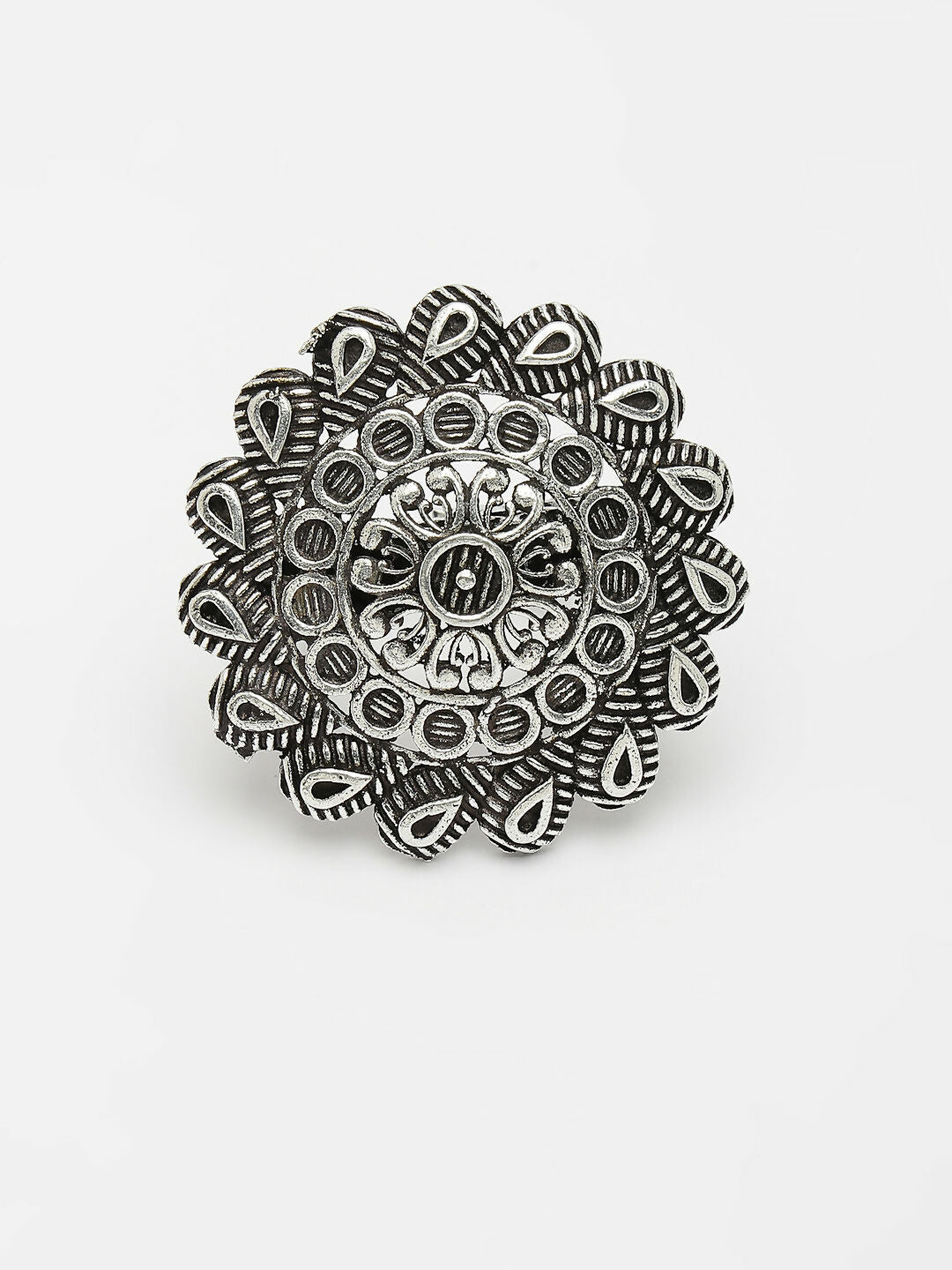 NVR Women's Silver-Toned Floral Shape Adjustable Finger Ring | Grocsy