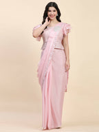 Pink Silk Satin Sequence Work Ready to Wear Saree with stitched Blouse - Nirvana | Grocsy