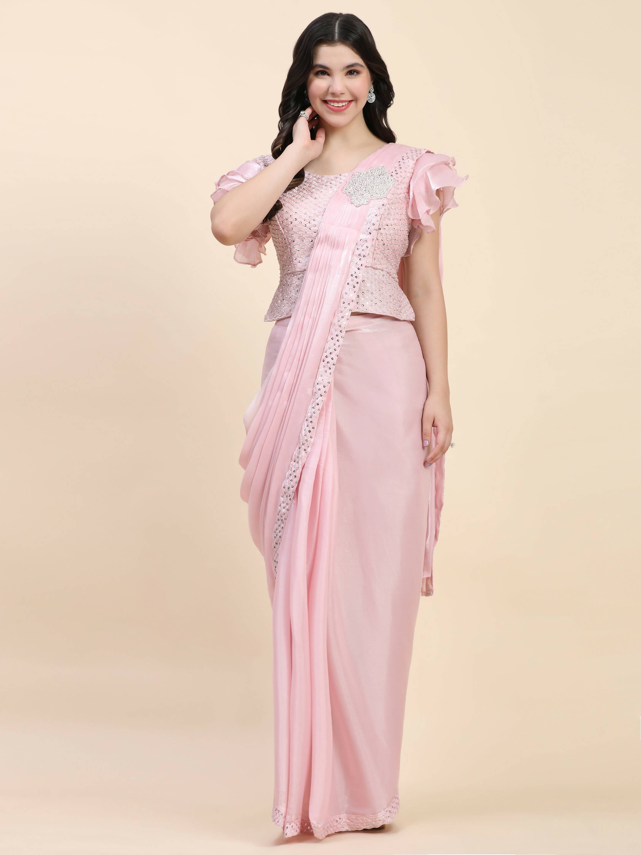 Pink Silk Satin Sequence Work Ready to Wear Saree with stitched Blouse - Nirvana | Grocsy