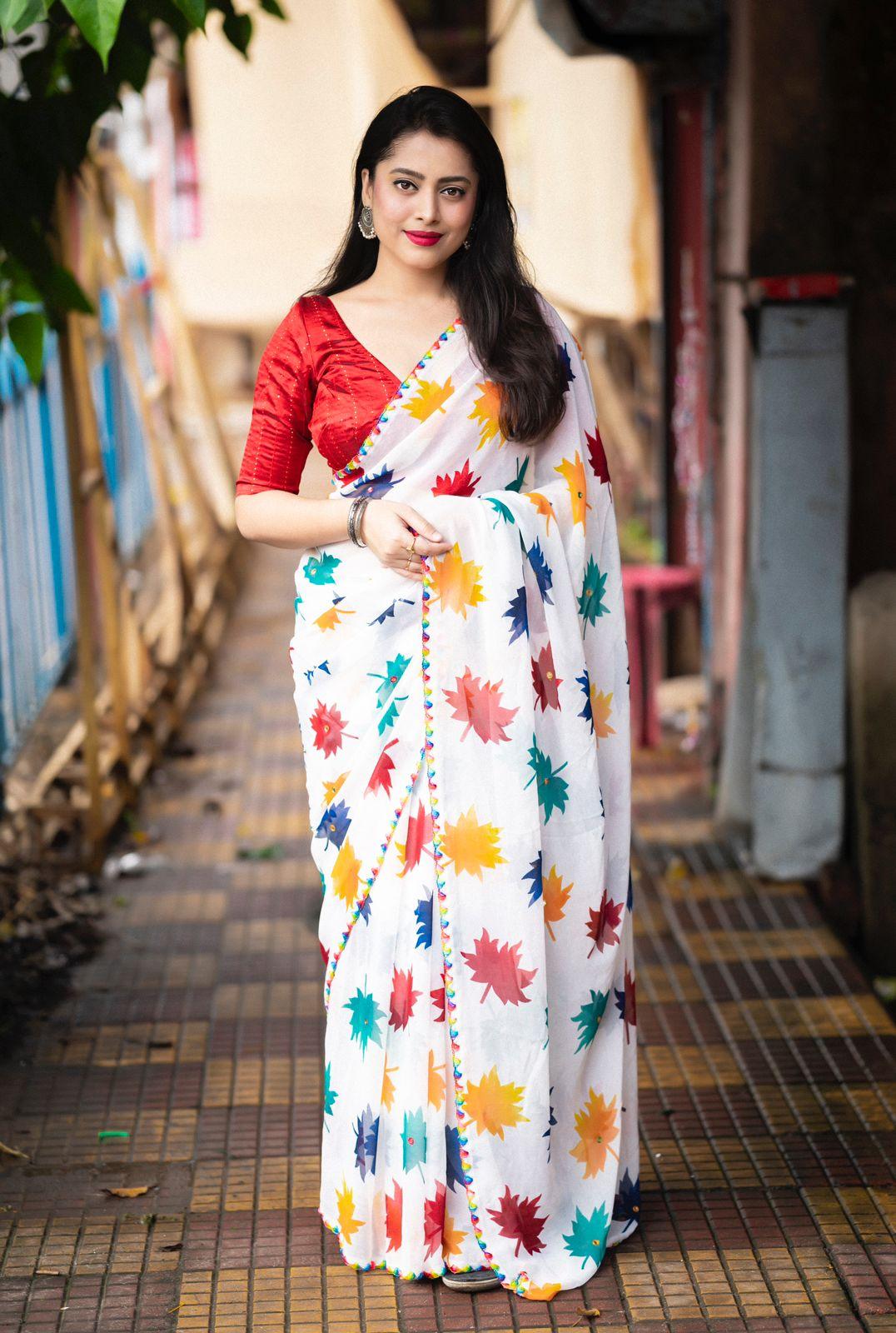 White Poly Georgette Ethnic Motifs Saree with Unstitched Blouse - A2M | Grocsy
